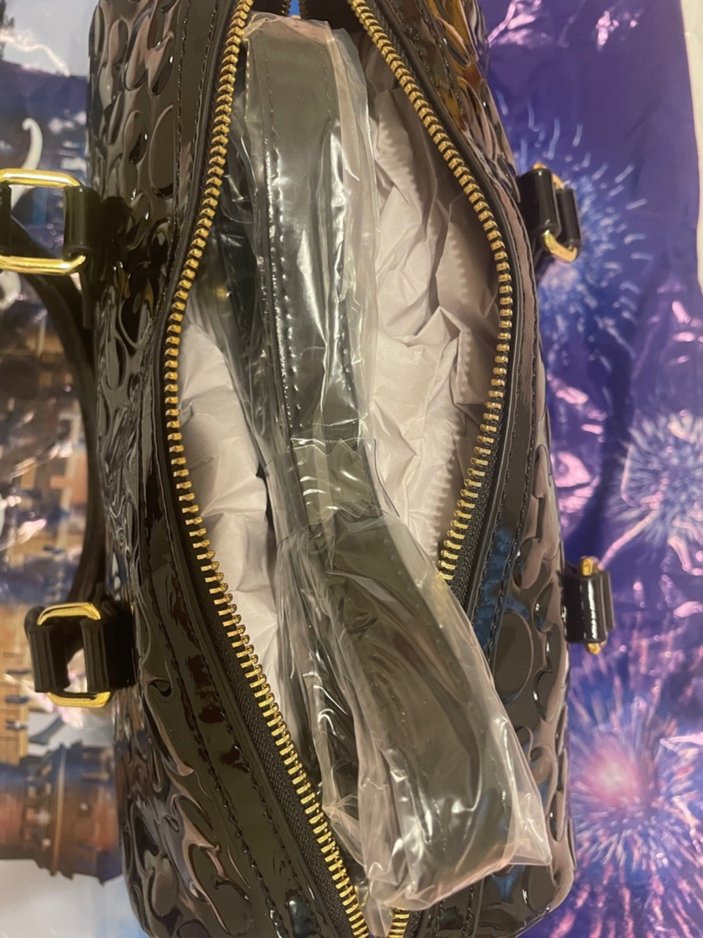 Disney Black Patent Leather Satchel with Embossed Mickey Motif.  2026 - Picture 3 of 3